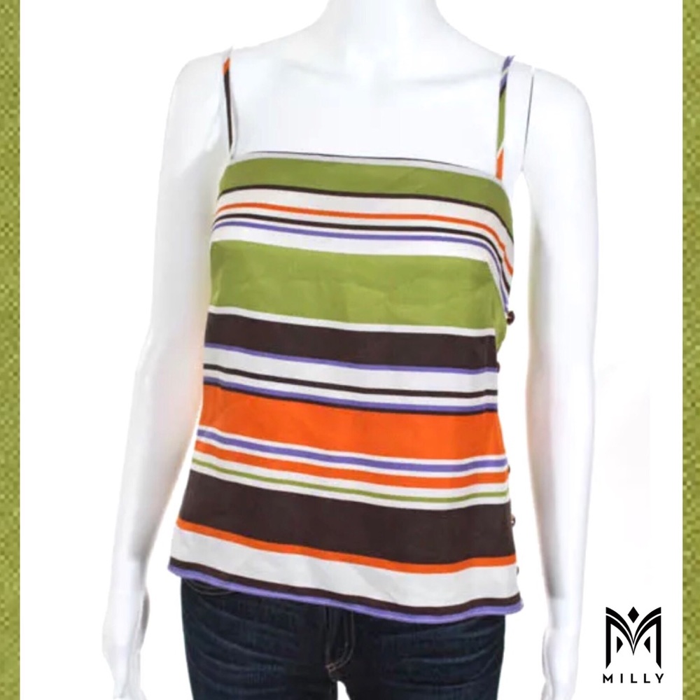 MILLY Chic Olive/Brown Stripe Button Side Silk Top
